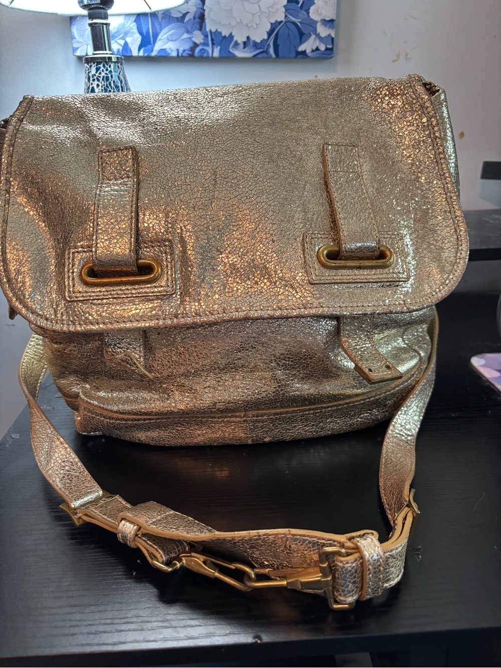 Rare Authentic YSL Gold Volcano Leather Besace Multi-Pocket Messenger Bag